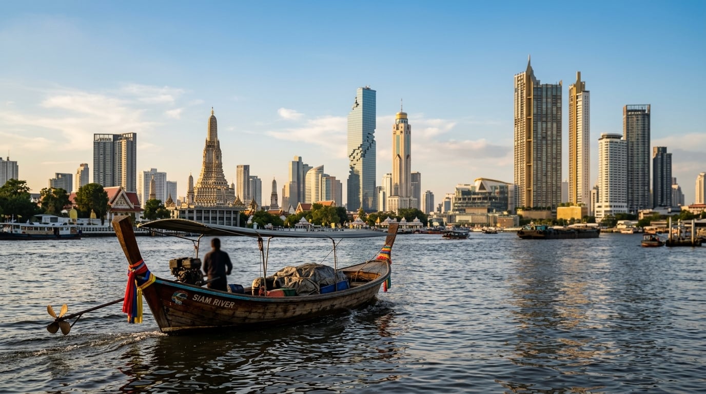 A longtail boat on the Chao Phraya River with Bangkok's skyline.