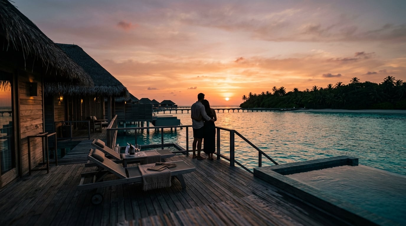 A couple relaxing on a private overwater bungalow deck at sunset.