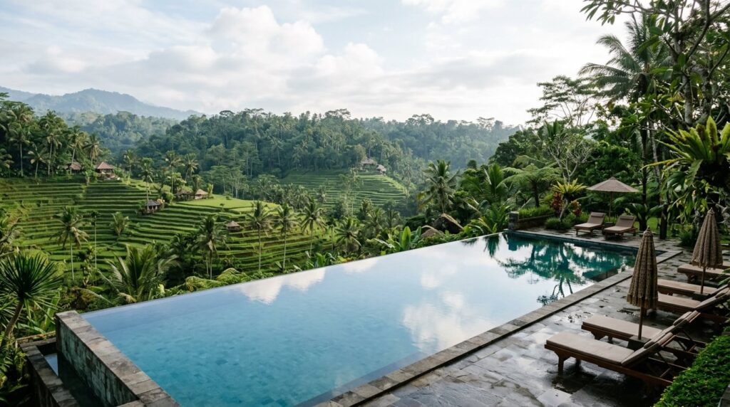 Infinity pool overlooking lush green rice terraces in Ubud.