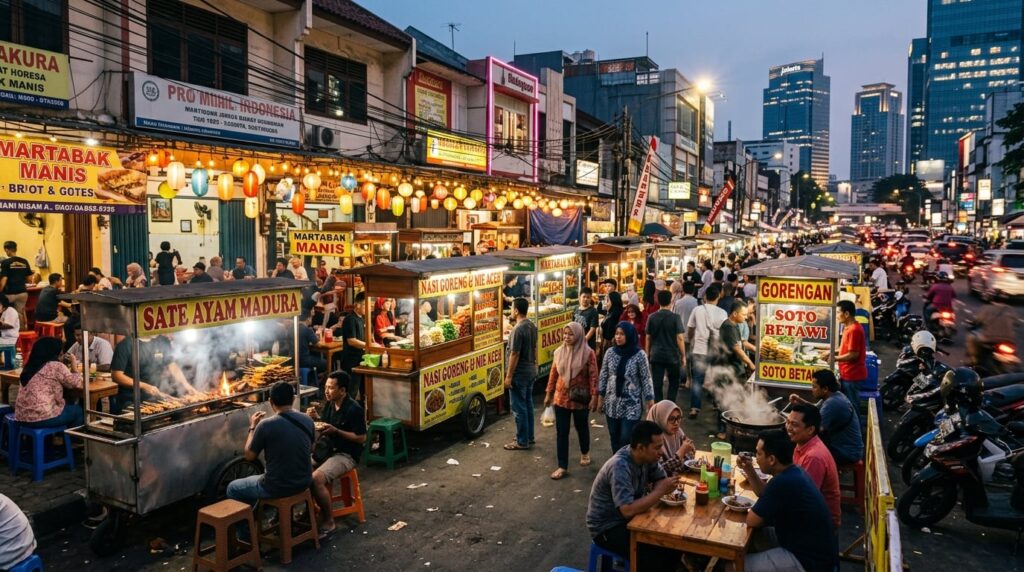 A bustling Jakarta street food scene at dusk with various food carts and a lively crowd.