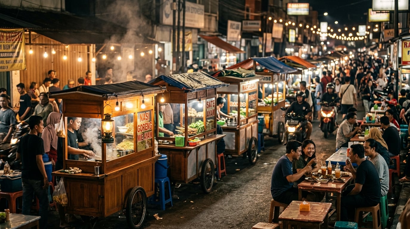 A vibrant street food stall at night in Jakarta, with various dishes on display.