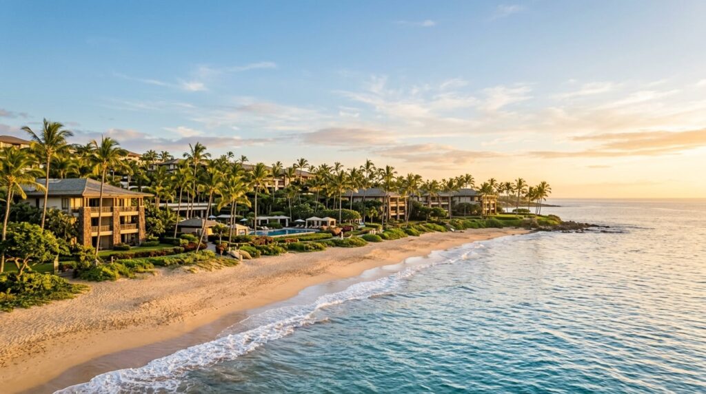 A wide view of the Four Seasons Resort Maui at Wailea from the beach, with palm trees and ocean.