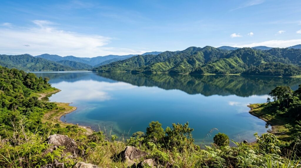 A wide view of Lake Tuba surrounded by green hills under a bright sky.