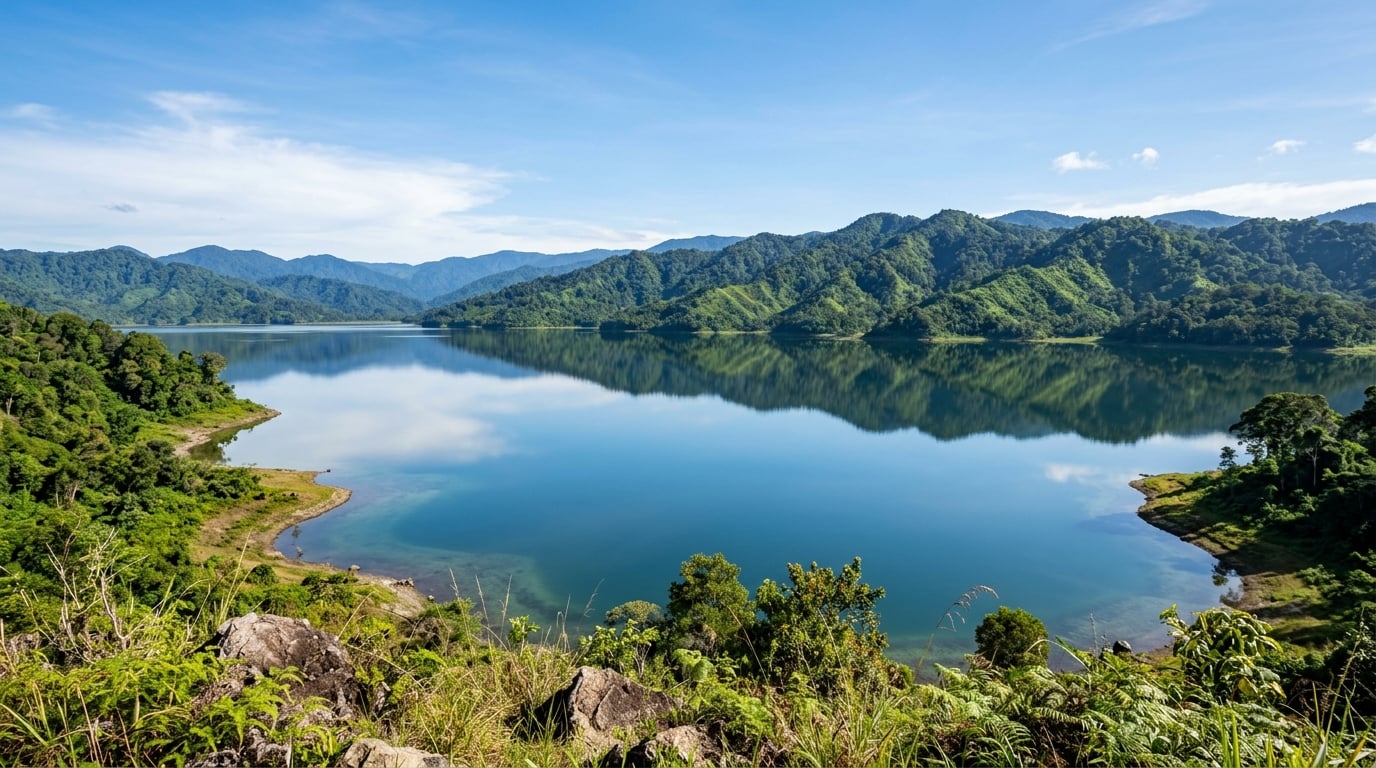 A wide view of Lake Tuba surrounded by green hills under a bright sky.