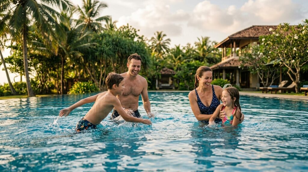 A family with two children enjoying a tropical resort pool in Sri Lanka.