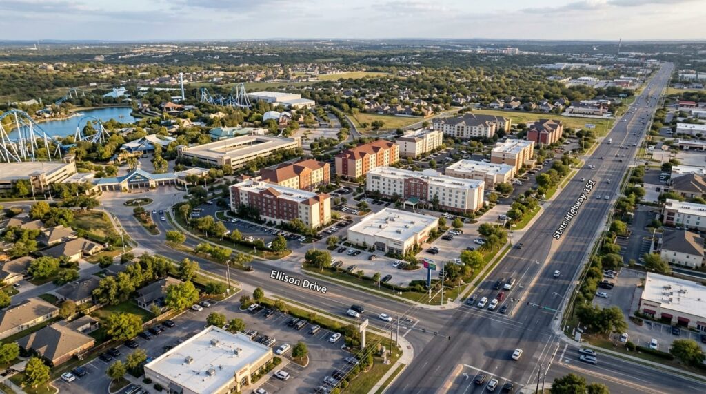 An aerial view of the SeaWorld San Antonio area with major highways and hotels.