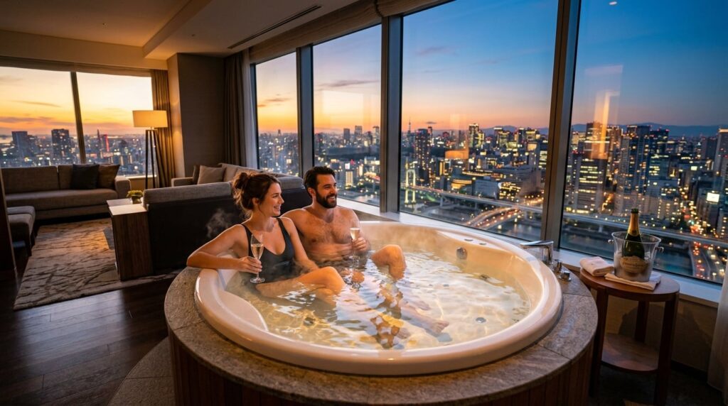 A couple relaxing in a large in-room jacuzzi with city views at sunset.