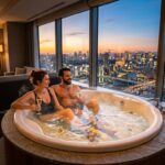 A couple relaxing in a large in-room jacuzzi with city views at sunset.