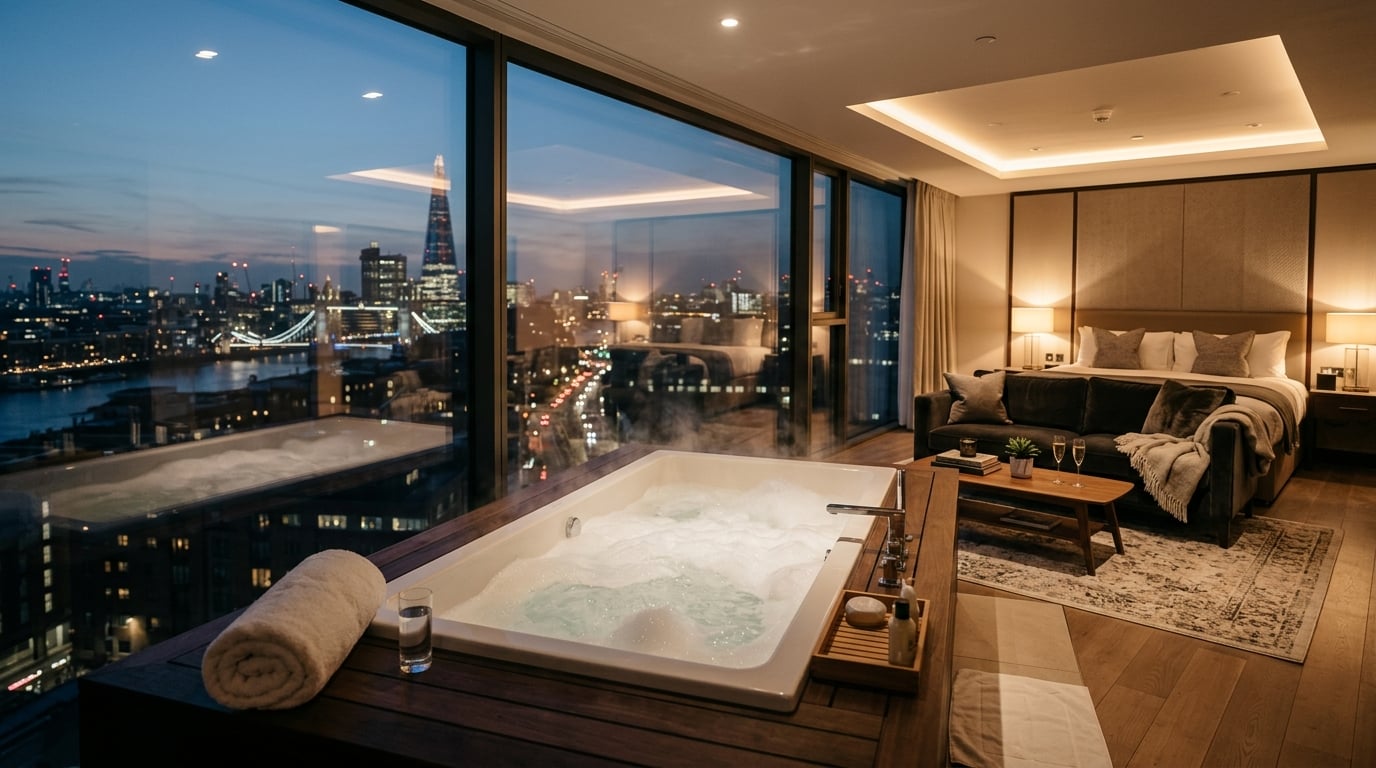 A luxurious hotel suite with a large jacuzzi tub next to a window overlooking a city.