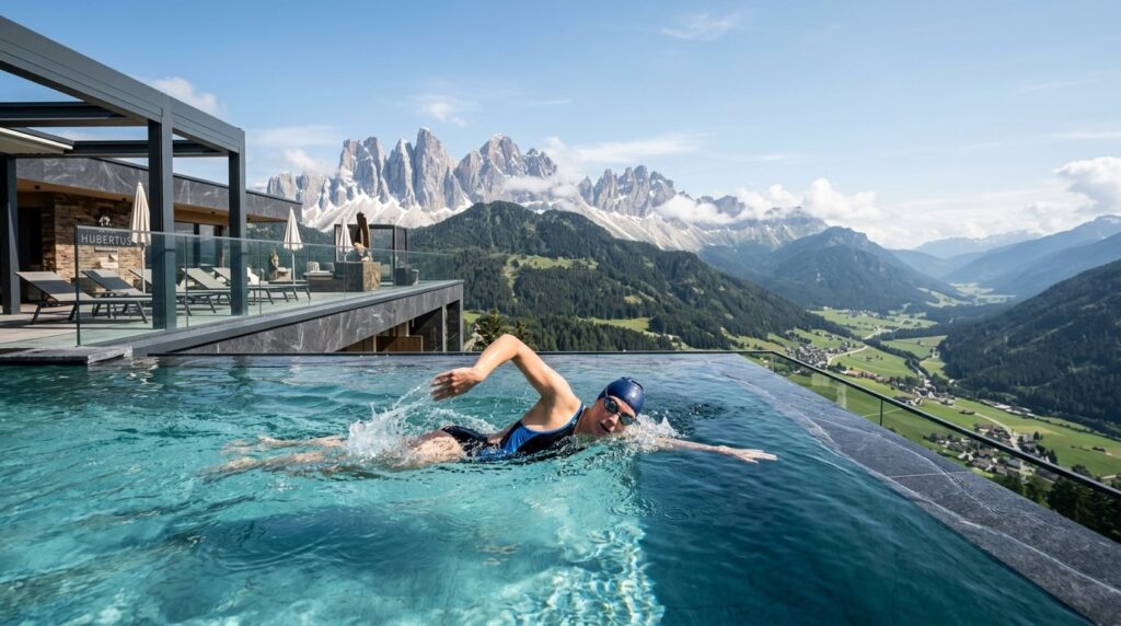 A person swimming in an infinity pool overlooking a mountain valley.