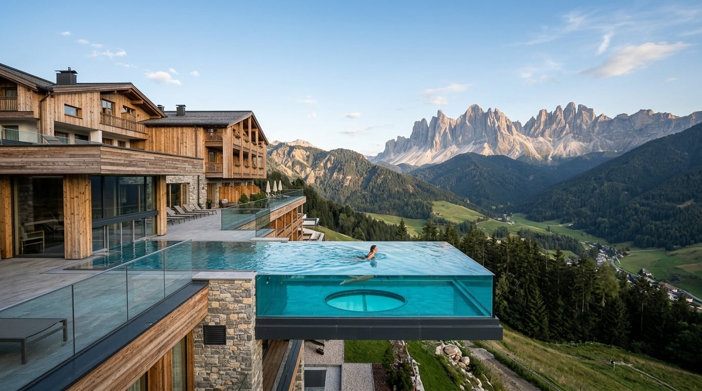 A luxury hotel in the Dolomites with a rooftop infinity pool.