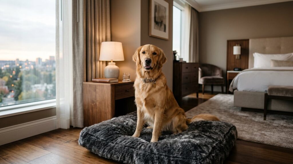 A happy dog sitting on a plush bed in a luxurious hotel room.