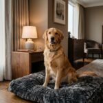 12 Best Luxury Dog-Friendly Hotels in the World (2025 Guide) A happy dog sitting on a plush bed in a luxurious hotel room.