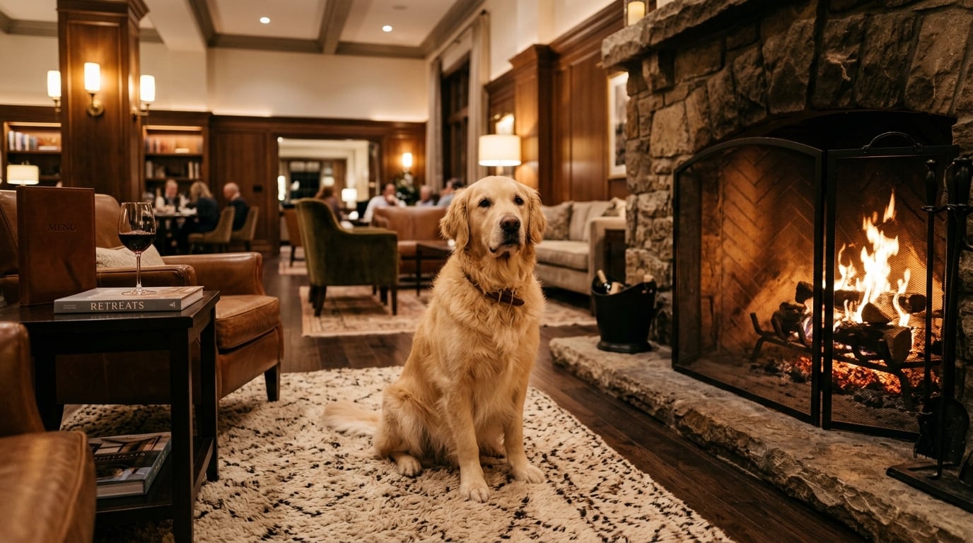 A happy golden retriever sitting by a cozy fireplace in a luxurious hotel lounge.