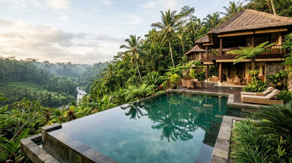 A luxury hotel villa with an infinity pool overlooking a lush jungle valley in Ubud, Bali.