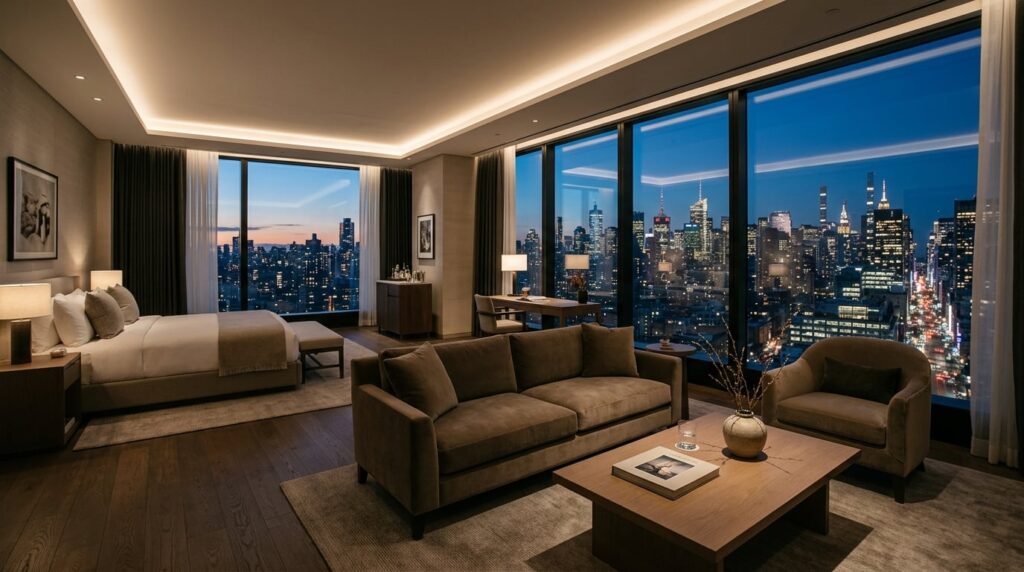 A luxurious hotel suite with a large window overlooking a city skyline.