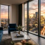 Most Beautiful Hotels in the World (2026 Guide) A luxurious hotel suite with a large window overlooking a city skyline at sunset.