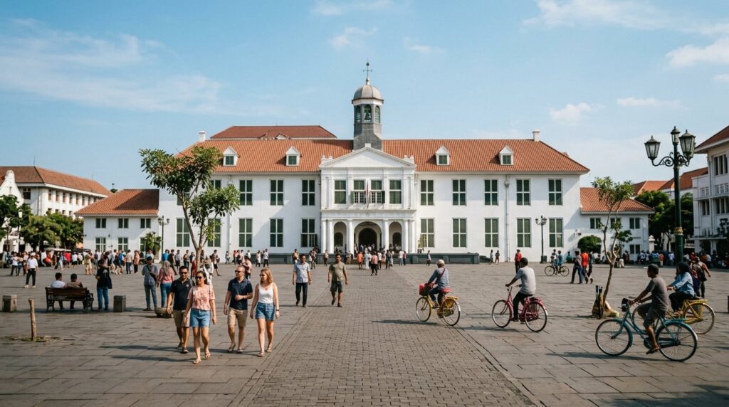 A historic colonial building in Jakarta with a public square in the foreground.
