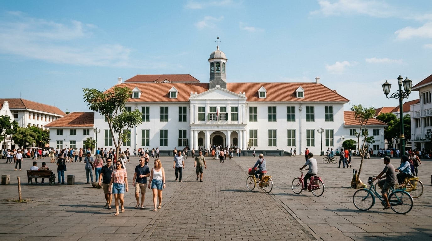 A historic colonial building in Jakarta with a public square in the foreground.