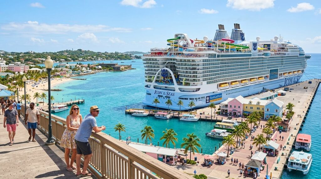 A modern Royal Caribbean cruise ship docked at a Caribbean port, with passengers enjoying a sunny day on deck.