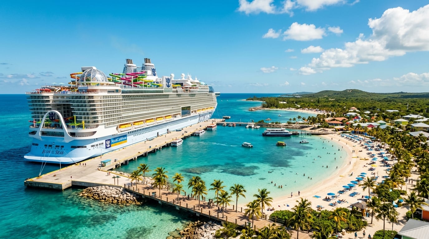 A modern Royal Caribbean cruise ship docked at a Caribbean port, with passengers enjoying a sunny day on deck.
