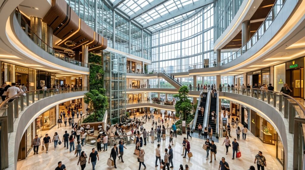 A bustling modern shopping mall atrium in Jakarta with diverse shoppers.