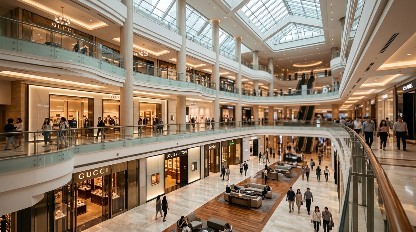 A bustling modern shopping mall atrium in Jakarta with diverse shoppers.