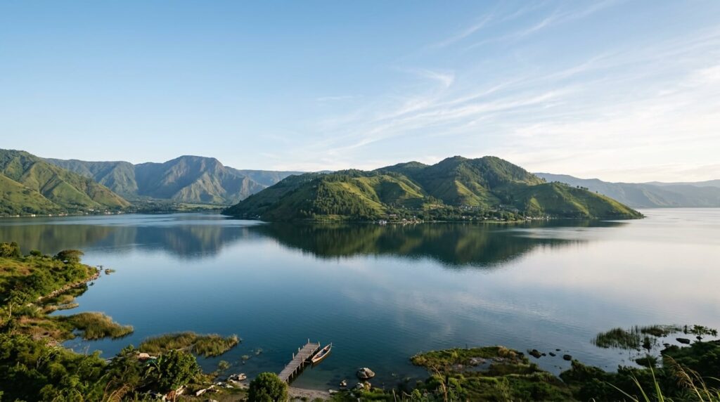 A wide view of Lake Toba with Samosir Island and volcanic mountains under a clear sky.
