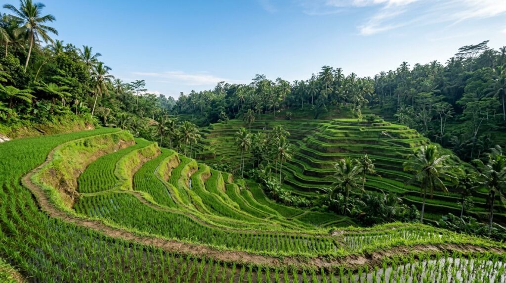 A serene overview of the Tegalalang Rice Terraces in Ubud under a clear sky.