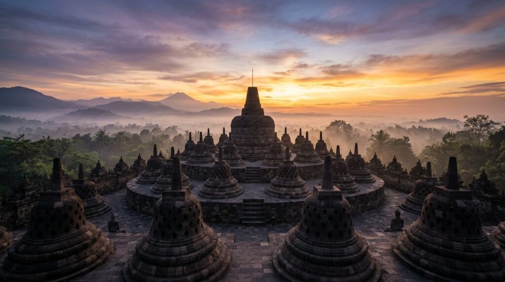 A wide shot of Borobudur temple at sunrise, with mist rising over the surrounding trees.