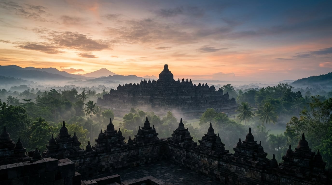 A wide view of the ancient Borobudur temple complex at sunrise, with a mist-shrouded jungle in the background.