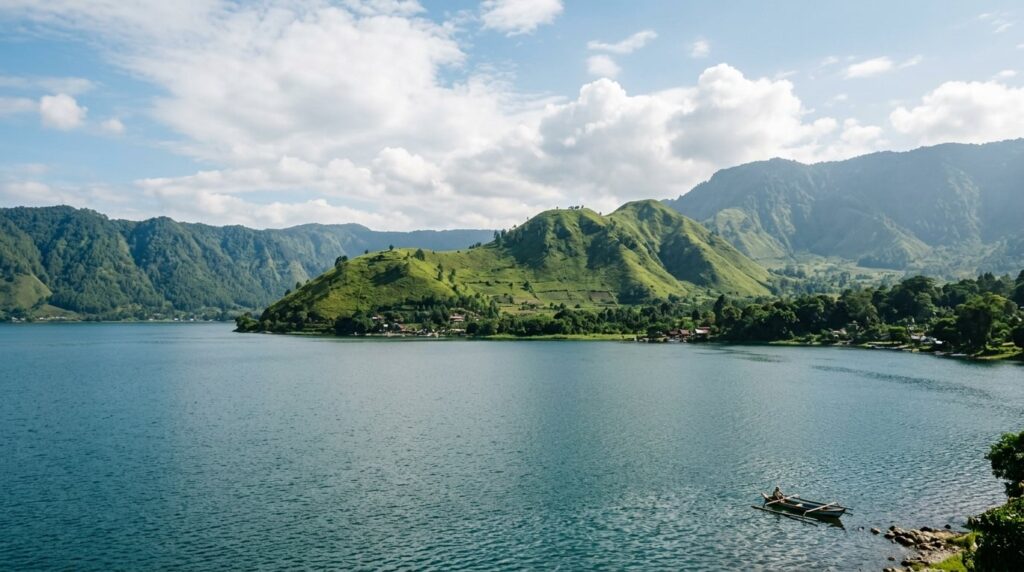 A wide view of Lake Toba with Samosir Island and surrounding mountains under a bright sky.