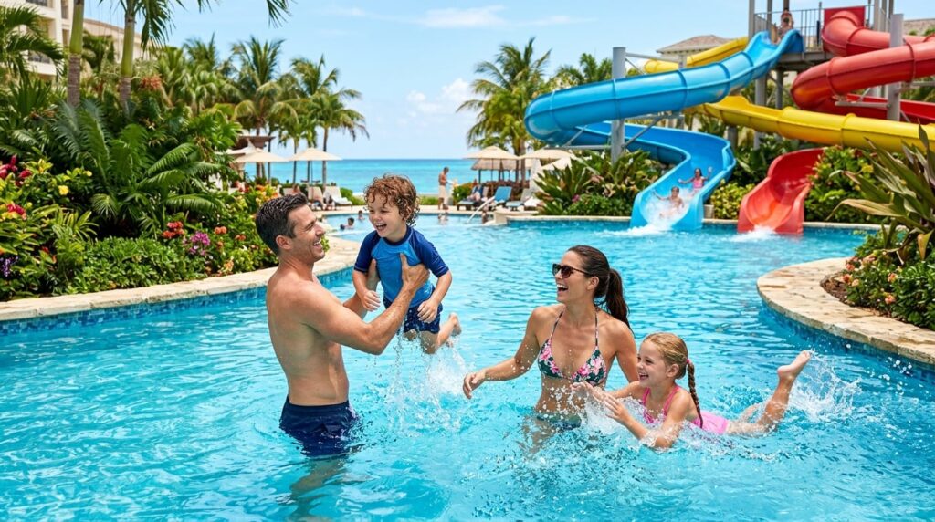 A family with two children playing in a resort swimming pool with a water slide.