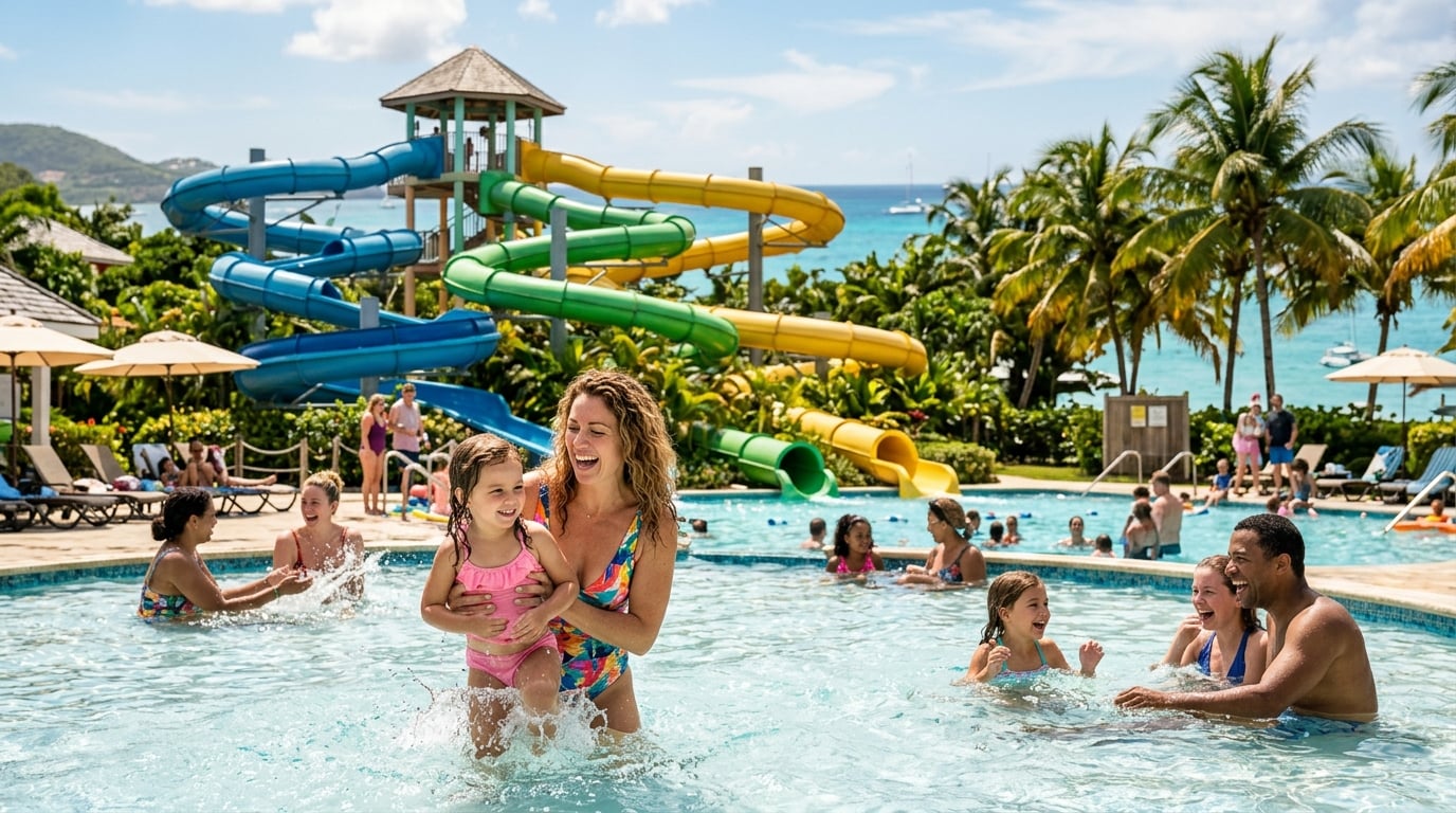 Families playing at a vibrant Caribbean resort waterpark.