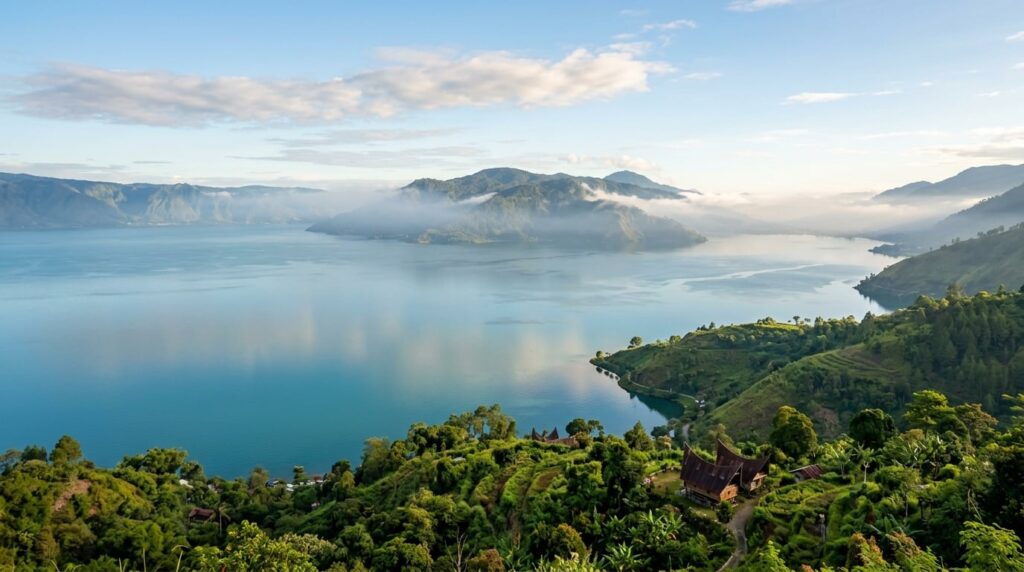A serene overview of Lake Toba with Samosir Island in the distance under a clear sky.