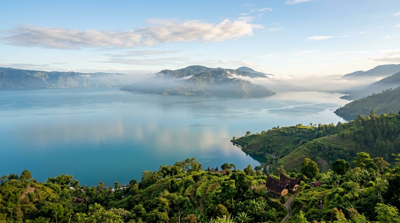 A serene overview of Lake Toba with Samosir Island in the distance under a clear sky.