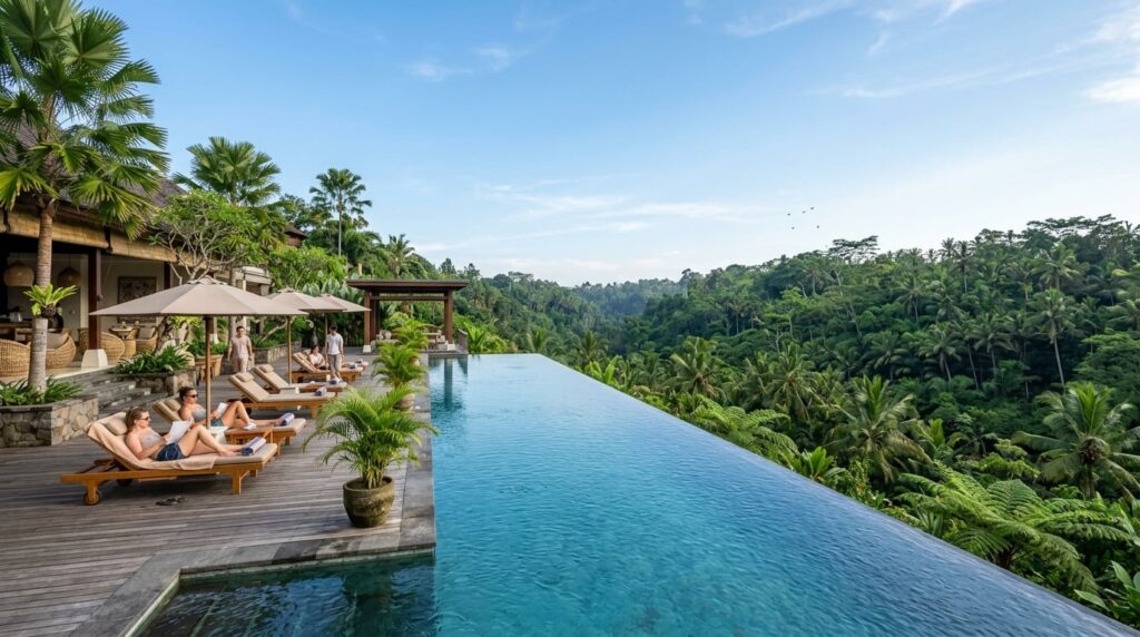 A serene infinity pool overlooking a lush, tropical valley in Ubud, Bali.