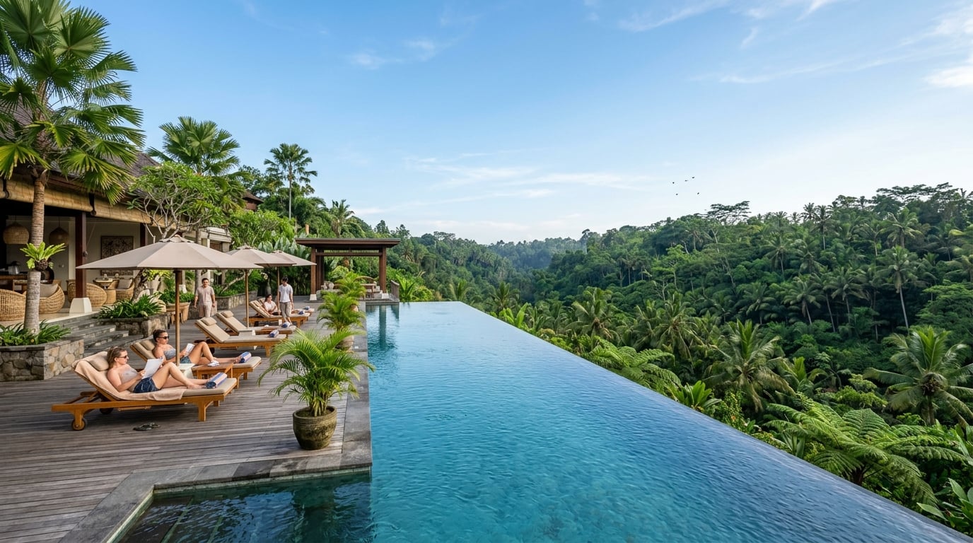 A serene infinity pool overlooking a lush, tropical valley in Ubud, Bali.