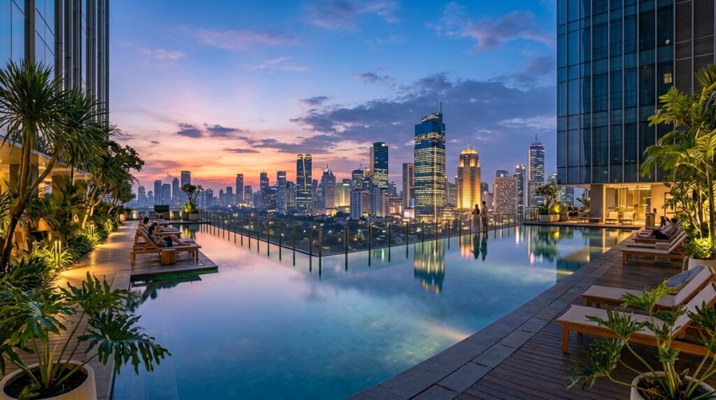 A luxurious hotel infinity pool overlooking the Jakarta skyline at dusk.