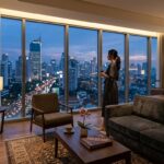 Top Hotels to Stay in Java Island: 2026 Guide by Neighborhood A luxurious hotel suite with a view of a city skyline at dusk.
