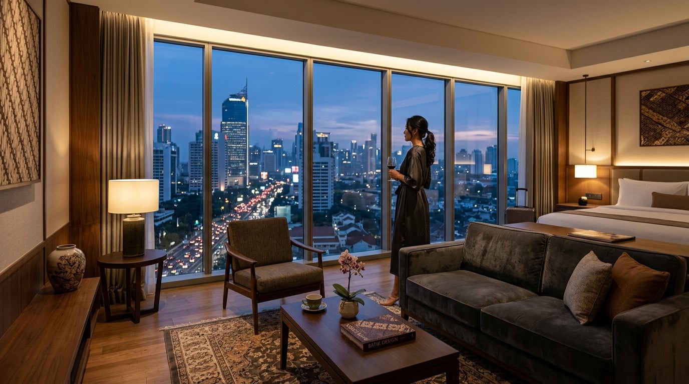 A luxurious hotel suite with a view of a city skyline at dusk.