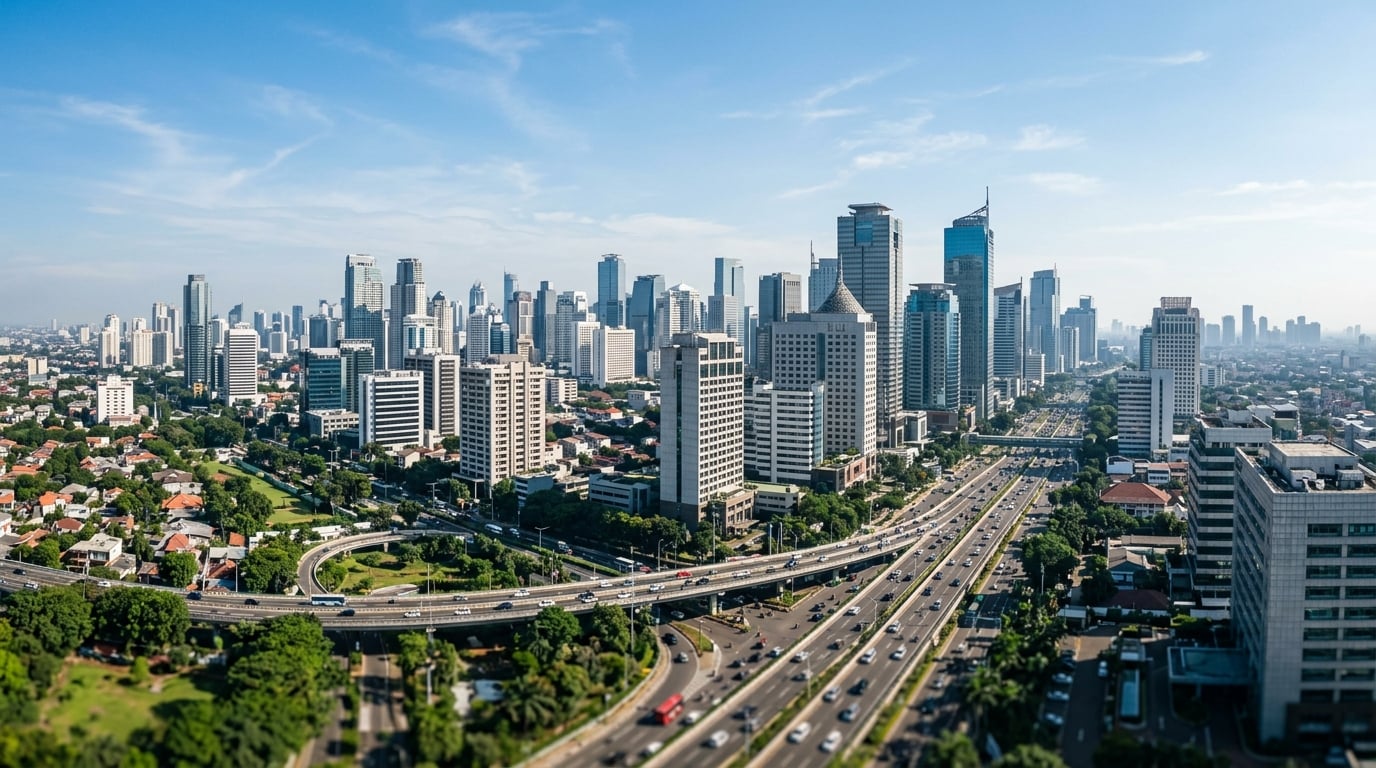 A wide view of the Jakarta skyline with modern high-rise buildings and a clear sky.