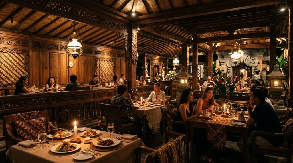 A luxurious Indonesian restaurant interior at night, with ornate wooden carvings and soft lighting.