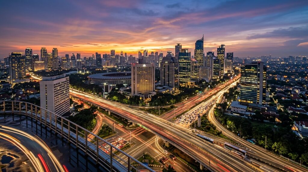 A modern Jakarta cityscape at sunset with illuminated skyscrapers and busy streets.