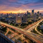 A modern Jakarta cityscape at sunset with illuminated skyscrapers and busy streets.