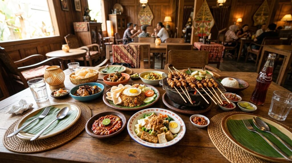 A diverse spread of Indonesian dishes on a wooden table, with satay skewers, rice, and various side dishes.