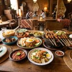 A diverse spread of Indonesian dishes on a wooden table, with satay skewers, rice, and various side dishes.