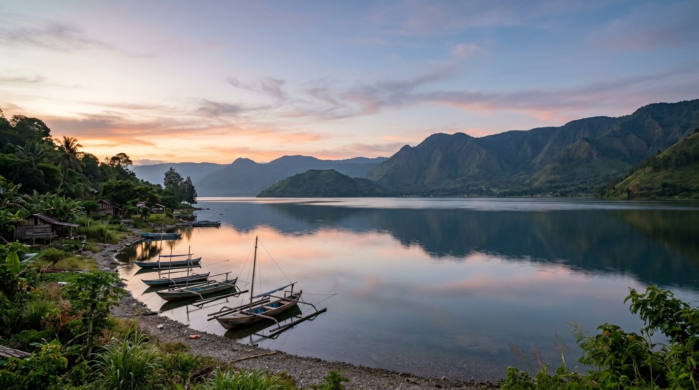 A scenic view of Lake Toba with traditional fishing boats and distant mountains.