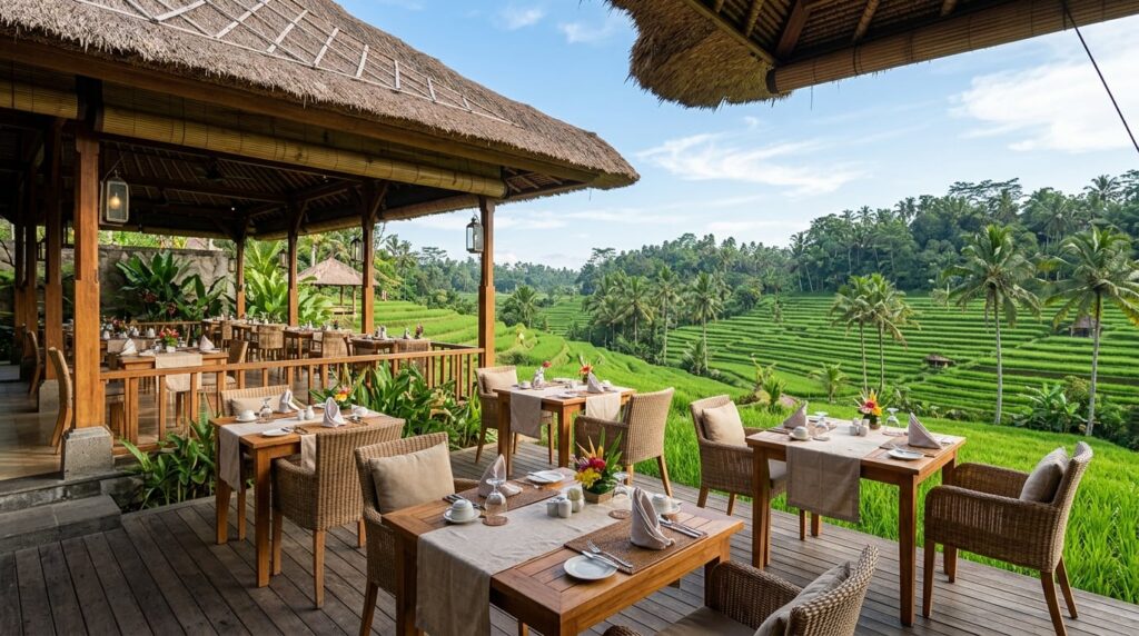 A serene open-air restaurant in Ubud surrounded by lush rice paddies.