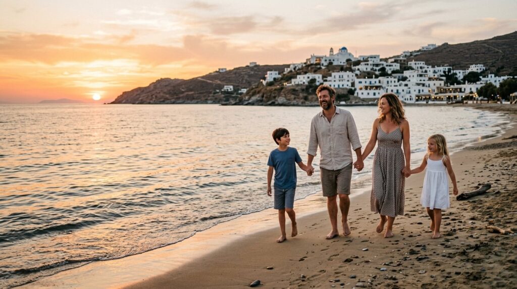 A family with two children walking hand-in-hand along a scenic Greek beach at sunset.